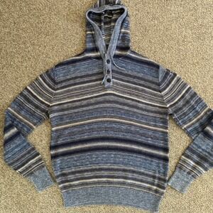 Faherty Playa Baja Hoodie Henley Knit Pullover Mens M Cotton Linen Striped Blue